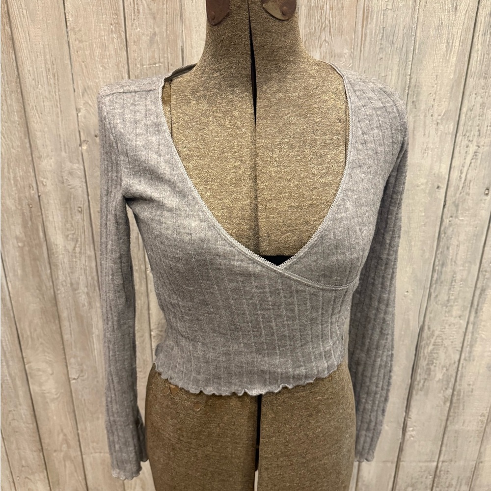 Urban Outfitters Gray Ribbed Wrap Crop Top
